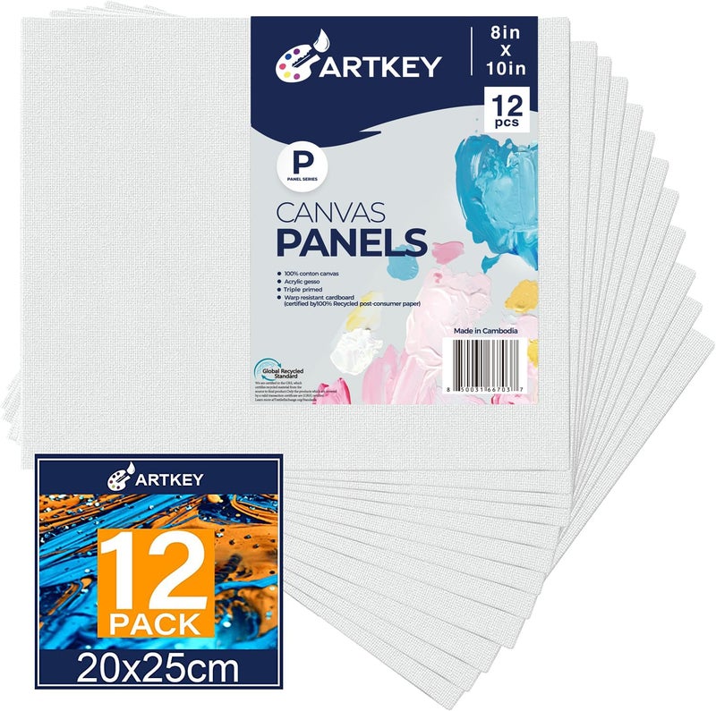 Artkey Artkey Canvases for Painting 8x10 Inch 12-Pack, 10 oz Primed 100% Cotton White Blank Canvas Boards for Painting, Art Supplies Paint Canvas Panels for Acrylic Oil Watercolor Tempera Paints  - Image 1