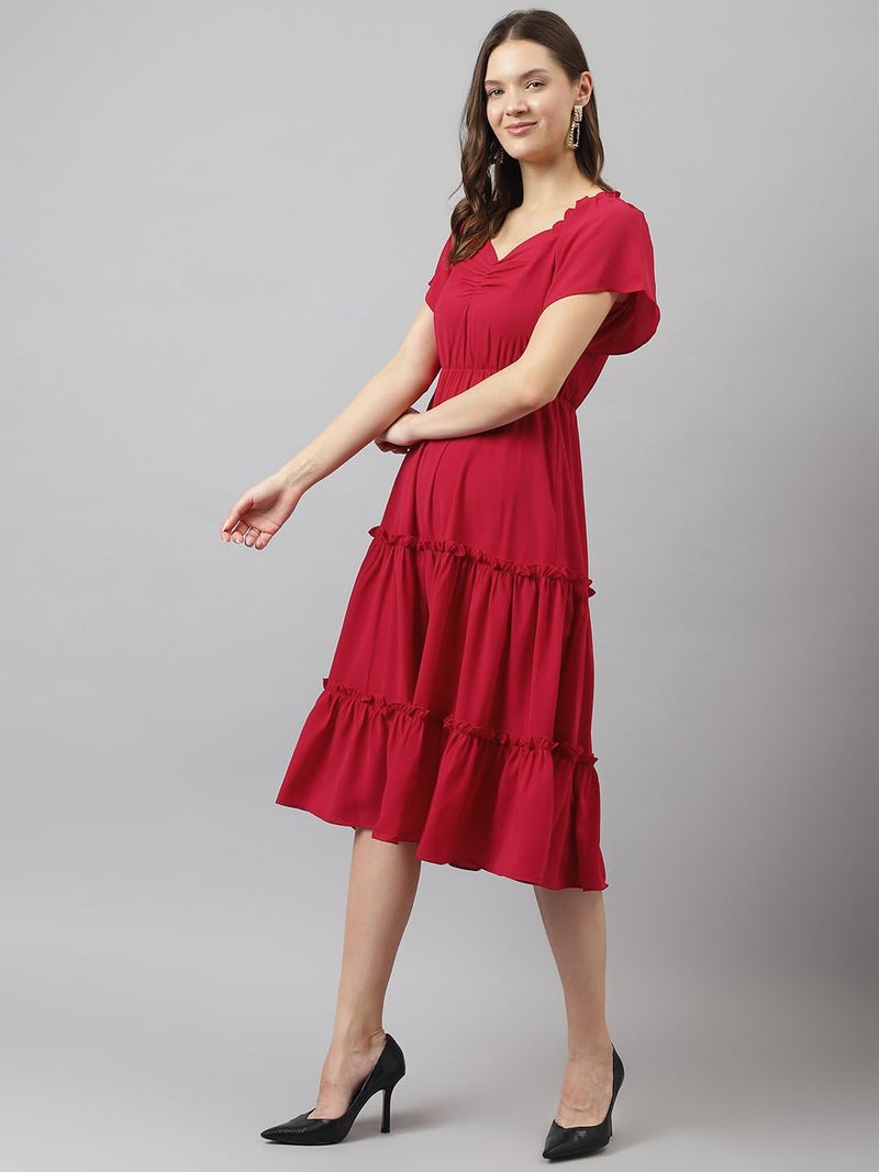 Toochki Women's red Rayon Solid fit & Flared Regular fit Western Midi Length Kurti a line Style Summer wear Kurtis Trendy Colour midi Type Kurtas - Image 3