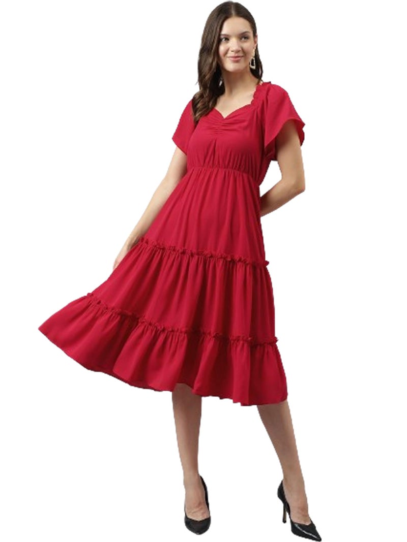 Toochki Women's red Rayon Solid fit & Flared Regular fit Western Midi Length Kurti a line Style Summer wear Kurtis Trendy Colour midi Type Kurtas - Image 1