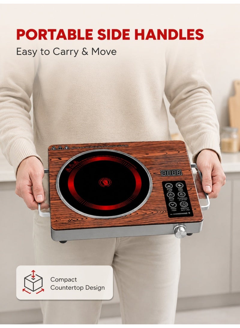 RUIYADA 3500W Electric Ceramic Stove, Portable Electric Cooktop Single Burner with 12-Level Power & Temperature Control, LED Display, 0-3H Timer, Touch Control & Rotary Knob, Wood Grain Hot Plate for Hot Pot, BBQ, Soup, Frying - Image 5