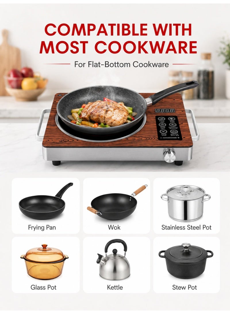 RUIYADA 3500W Electric Ceramic Stove, Portable Electric Cooktop Single Burner with 12-Level Power & Temperature Control, LED Display, 0-3H Timer, Touch Control & Rotary Knob, Wood Grain Hot Plate for Hot Pot, BBQ, Soup, Frying - Image 2