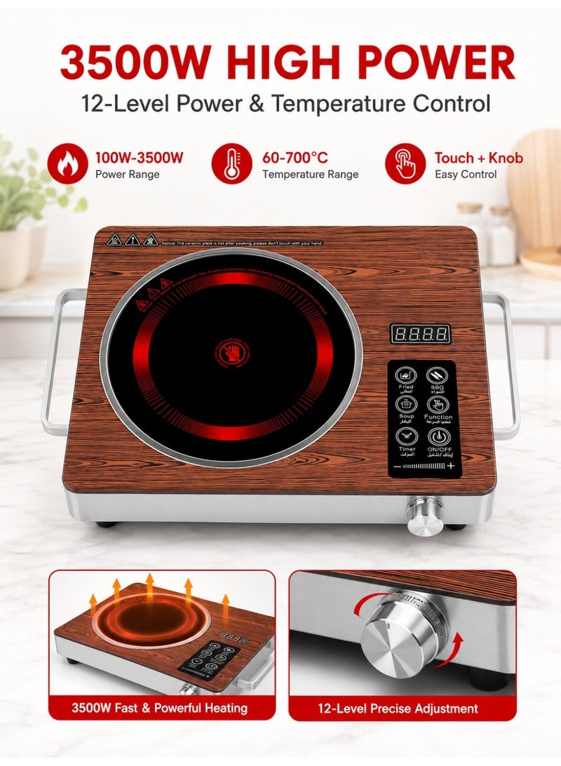 RUIYADA 3500W Electric Ceramic Stove, Portable Electric Cooktop Single Burner with 12-Level Power & Temperature Control, LED Display, 0-3H Timer, Touch Control & Rotary Knob, Wood Grain Hot Plate for Hot Pot, BBQ, Soup, Frying - Image 1