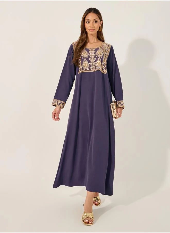ستايلي Textured Embroidered Round Neck A-Line Jalabyia