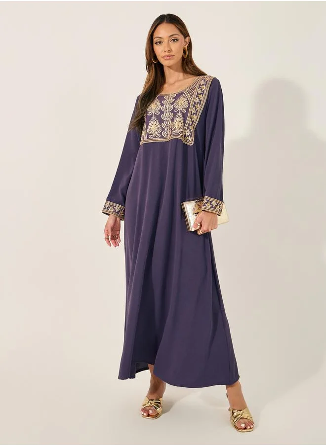 ستايلي Textured Embroidered Round Neck A-Line Jalabyia
