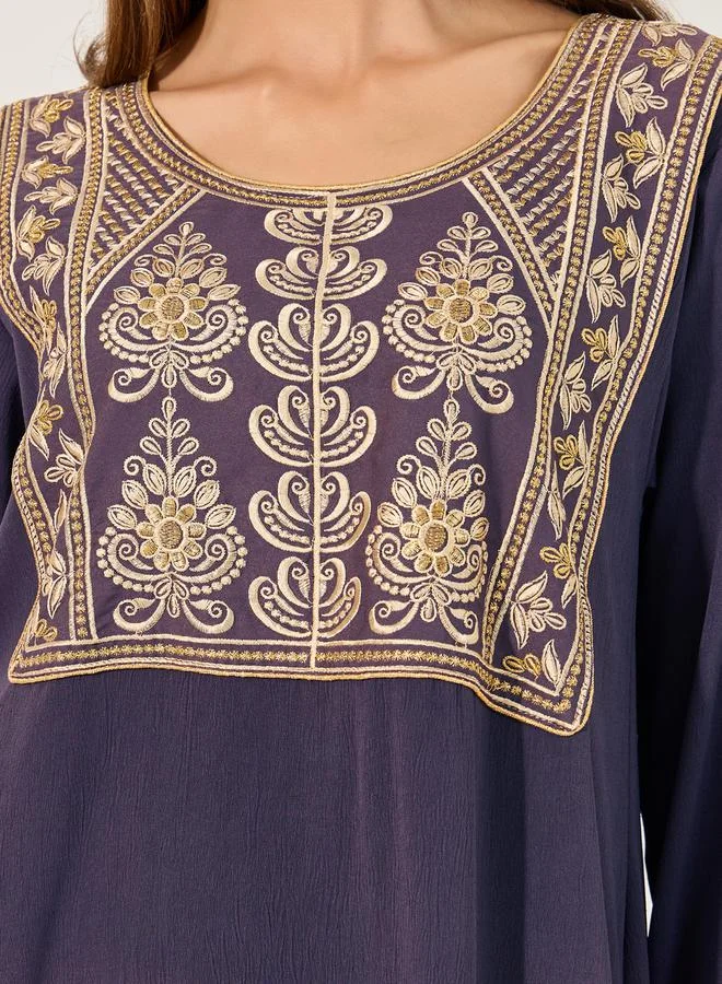 Styli Textured Embroidered Round Neck A-Line Jalabyia