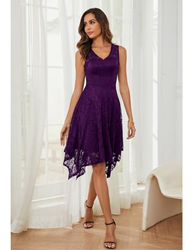 Meetjen Women's Lace Fancy Cocktail Dress for Wedding Elegant Graduation V-Neck Asymmetrical Formal Prom Dresses Grape L - Image 3