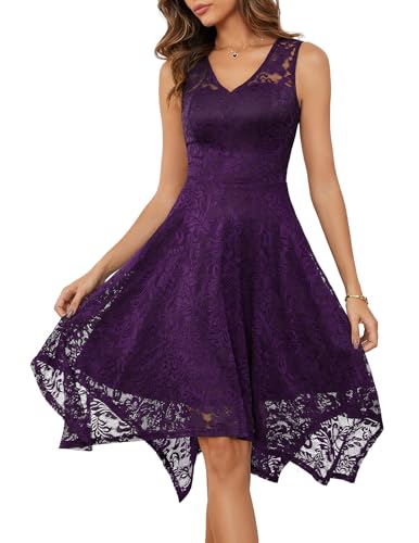 Meetjen Women's Lace Fancy Cocktail Dress for Wedding Elegant Graduation V-Neck Asymmetrical Formal Prom Dresses Grape L - Image 4
