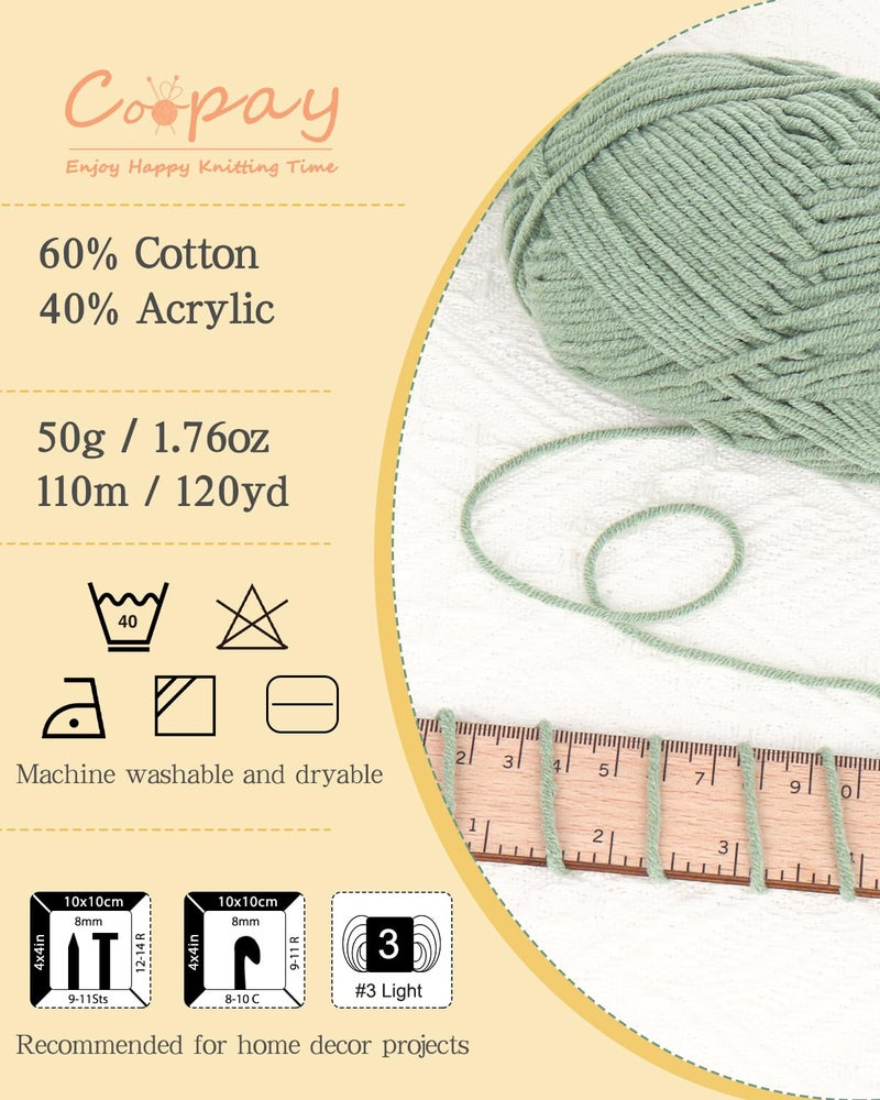 Coopay Yarn for Crocheting Knitting, Crochet Yarns, 2 Ã— 1.76oz - 120yds - 60% Cotton 40% Acrylic Blend Yarns, Granny Square Blanket Yarn (Elegant Green) - Image 4