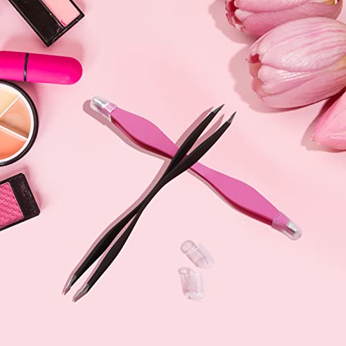 NUOMI 2 Pack Eyebrow Tweezers Double Ends Stainless Steel Tweezers Makeup Tools with Slant/Pointed Tips for Removing Facial Hair, Ingrown Hair, Pink and Black - Image 2