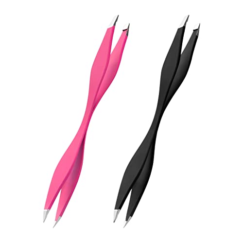 NUOMI 2 Pack Eyebrow Tweezers Double Ends Stainless Steel Tweezers Makeup Tools with Slant/Pointed Tips for Removing Facial Hair, Ingrown Hair, Pink and Black - Image 1