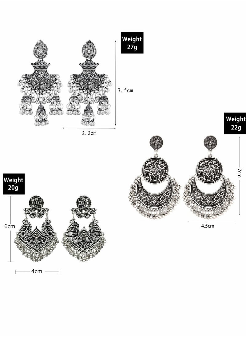 KASTWAVE Vintage Earrings Traditional Retro Silver Gold Boho Jewelry Ethnic Tribal Gypsy Engraved Hook Drop Dangle Jhumka Bells Tassel Earrings for Women Girls 3 Pair/Set  - Image 3