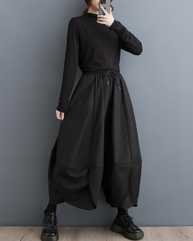 ellazhu Women's Puffy Drawstring Elastic Waist Drop Crotch Hakama Harem Balloon Wide Leg Pants GZ81 Black - Image 4