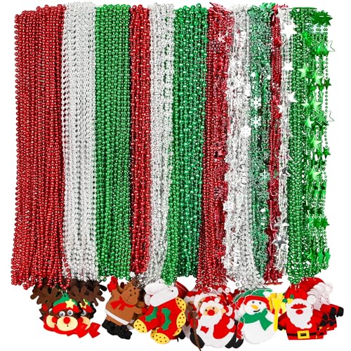 EOBOH 200PCS Christmas Beads Necklace Bulk 18 Kinds Red Green Silver Necklace Accessories 32 Snowman Santa Pendant Christmas Necklaces Party Supplies Xmas Decor for Xmas New Years Ugly Sweater Party - Image 1