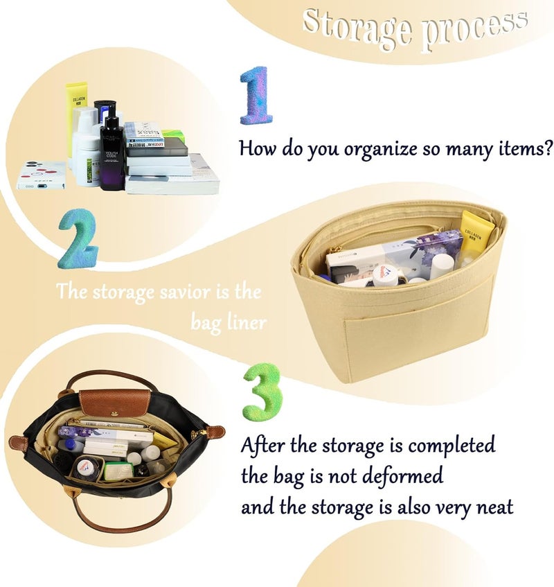 Lckaey Bag Organizer, for le pliage tote insert, le pliage organizer insert1014beige-M - Image 3