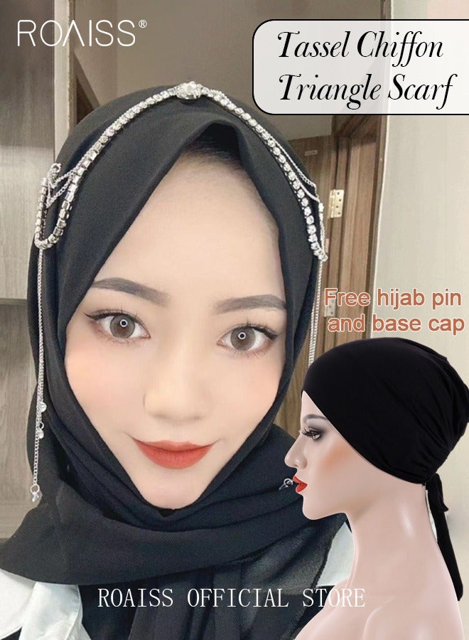 roaiss Women's Chiffon Hijab Muslim Casual Scarf Tassels Turban for Ladies Beading Decoration Versatile All Seasons Wearable Traditional Wear Hijab  - Image 1