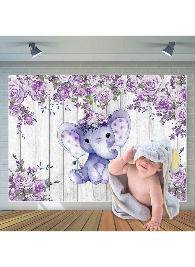 CYLYH 7X5ft Elephant Theme Backdrop Rustic Wood Elephant Backdrop Baby Shower Party Purple Flower Banner Girl Boy Newborn Kids Birthday Cake Table Decoration Banner D511 - Image 1