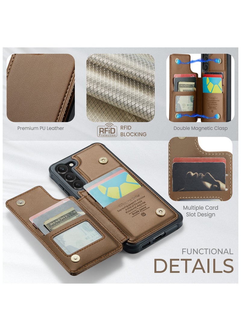 CaseMe - Wallet Case for Samsung Galaxy S23 Premium Handmade Durable PU Leather Slim Shockproof Case with [Double Magnetic Clasp] [Card Holder] [Kickstand] [RFID Blocking] (Brown) - Image 1