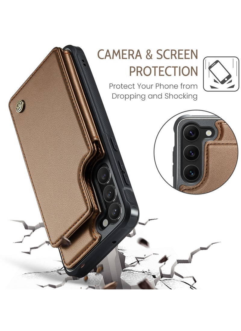 CaseMe - Wallet Case for Samsung Galaxy S23 Premium Handmade Durable PU Leather Slim Shockproof Case with [Double Magnetic Clasp] [Card Holder] [Kickstand] [RFID Blocking] (Brown) - Image 1