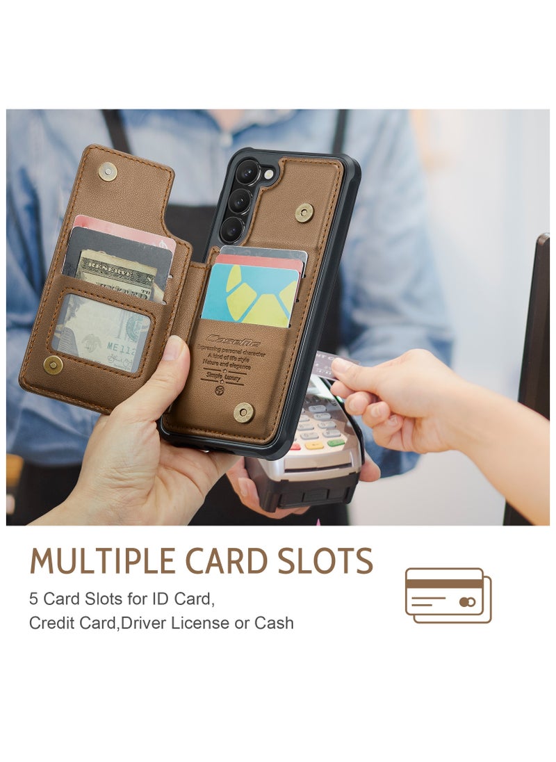 CaseMe - Wallet Case for Samsung Galaxy S23 Premium Handmade Durable PU Leather Slim Shockproof Case with [Double Magnetic Clasp] [Card Holder] [Kickstand] [RFID Blocking] (Brown) - Image 1