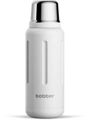 BOBBER 34 oz Stainless Steel Travel Thermo Bottle for Hot and Cold Drinks Dishwasher Safe Metal Water Bottle with Cup Lid Keeps Hot for 48 Hours BPAFree Vacuum Insulated White - Image 1