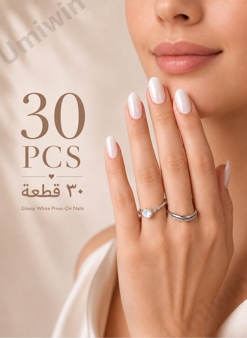 Umiwin 30 Pcs Milky White Press on Nails, Short Square Glossy Fake Nails, Full Cover Reusable Stick on Nails for Women, Natural Daily Wear, Bridal Wedding, Party & Eid - Image 1