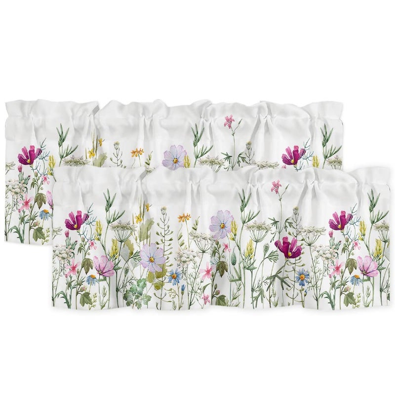 YOKOU Curtain Valance Wildflowers Spring Watercolor Flower Floral Print Plants Short Rod Pocket Window Treatment for Living Room Bedroom Kitchen Bathroom 2 Panel 54 W x 18 L