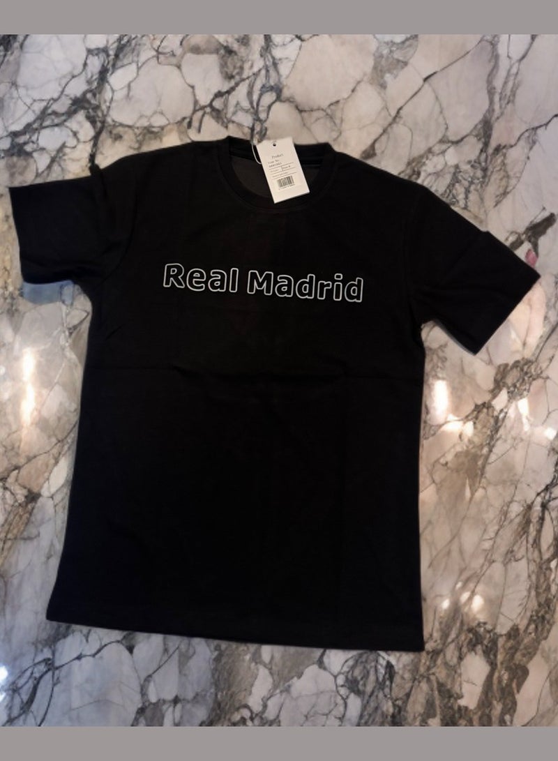 Real Madrid Front Text Printed Mens Cotton Summer Casual Tshirt Black, Black Mens Real Madrid Tshirts - Image 3