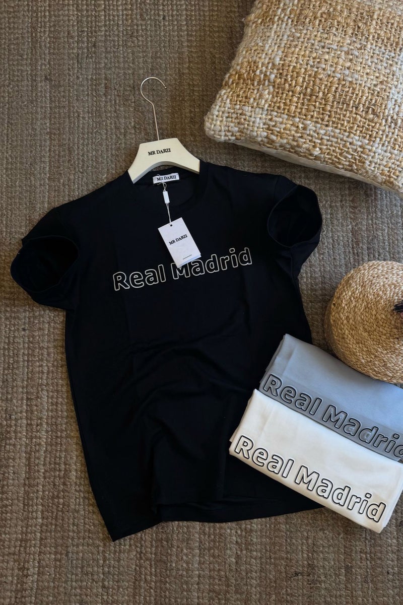 Real Madrid Front Text Printed Mens Cotton Summer Casual Tshirt Black, Black Mens Real Madrid Tshirts - Image 1