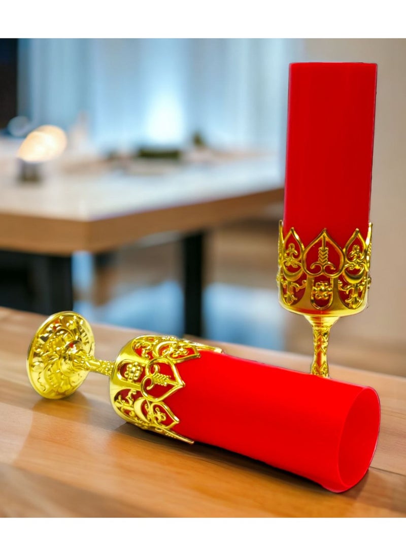 Generic - Battery Operated Light Candles with Gold Holder Set of 2, Romantic LED Light Up Candles Smokeless Aromatic Candles Decorative Candles for Home Office Special Events (Red) - Image 1