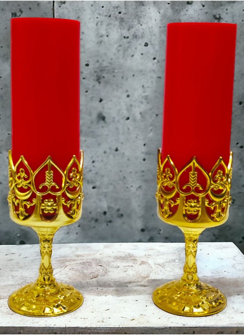 Generic - Battery Operated Light Candles with Gold Holder Set of 2, Romantic LED Light Up Candles Smokeless Aromatic Candles Decorative Candles for Home Office Special Events (Red) - Image 1