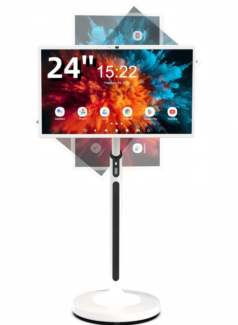 XIAN TIAN XIA 24 Inch Smart Portable TV, Rolling Tablet with Adjustable Floor Touchscreen Monitor, 8G RAM + 128G ROM | Build-in Camera | Android OS, Battery Powered 4-6 Hours - Image 1