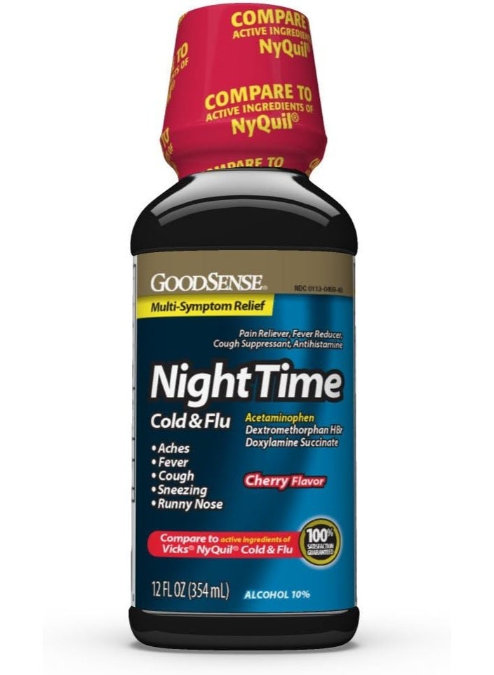 Good Sense Nighttime Cold and Flu Liquid Medicine, 6 Hour Relief of Fever, Sore Throat, Sneezing, Runny Nose, Cough and Aches, Cherry Flavor, 12 Fl Oz