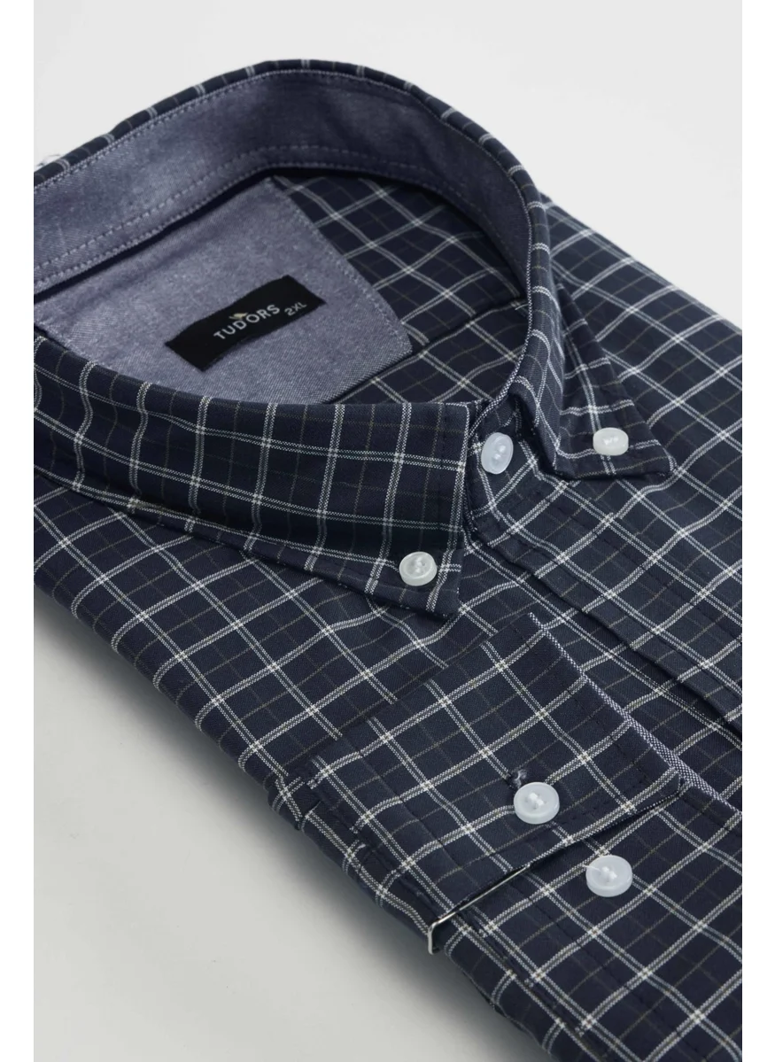 Tudors Large Size Button Collar Small Checked Cotton Men's Shirt