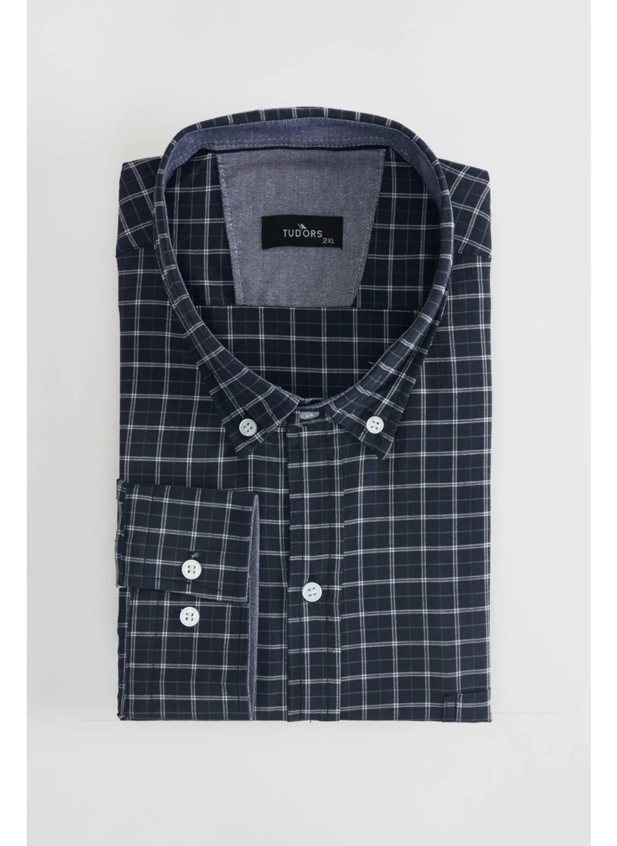 Tudors Large Size Button Collar Small Checked Cotton Men's Shirt