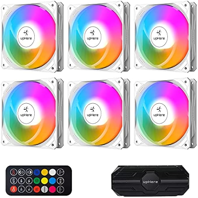 rayihni 120MM WHITE COMPUTER CASE FAN,MOTHERBOARD SYNC FAN,HIGH AIRFLOW,SPEED ADJUSTABLE, ARGB FAN WITH HUB AND REMOTE,LOW NOISE HYDRAULIC BEARING LONG LIFE UP TO 40,000 HOURS-6 PACK,NT1206-6 - Image 1