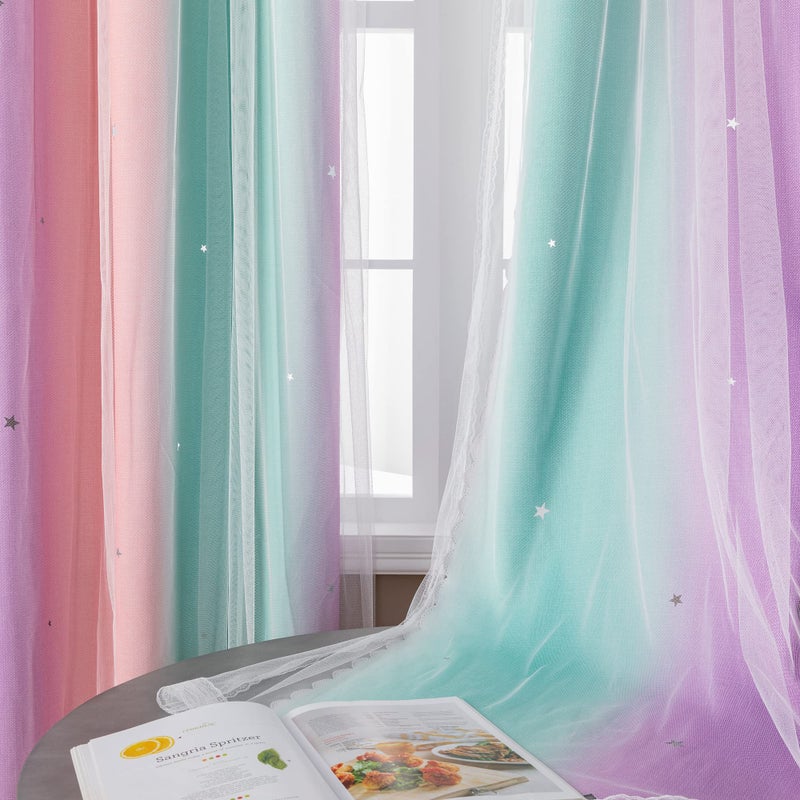 XiDi Curtains for Girls Bedroom Decor, Rainbow Blackout Curtains for Kids/Little Girl Room Decor, Unicorn Wall Decals,Pink Purple Green,63 x 34 inches,1 Panel - Image 4