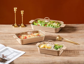 3-Piece Rectangular Porcelain Baking Dish Set W/Glass Lid Brown, Sizes 10 + 12 + 14.5 Inch