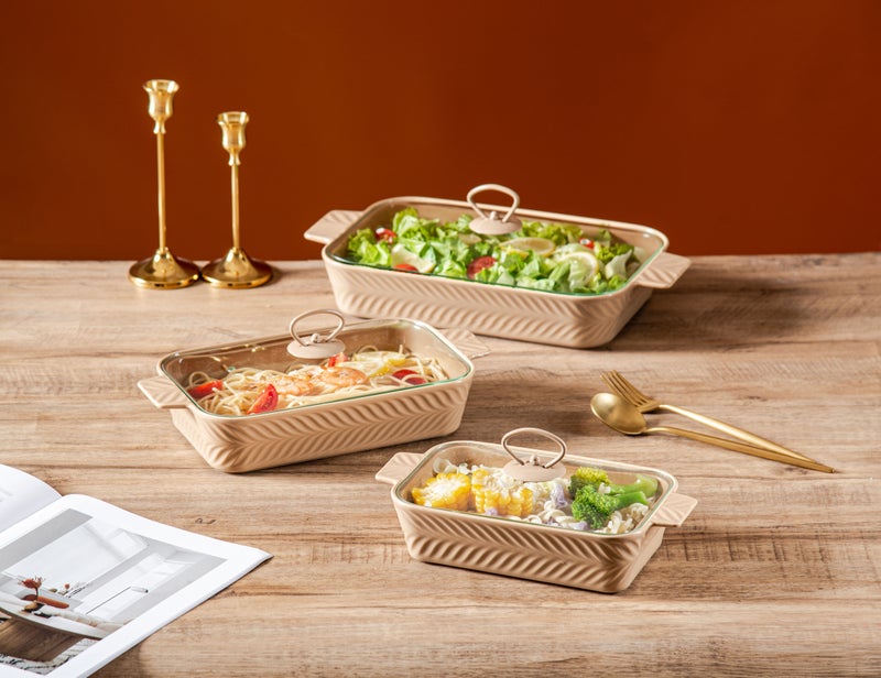 دوف طقم صواني فرن مستطيلة من البورسلان البني مع غطاء زجاجي – 3 قطع بمقاسات 10 و12 و14.5 بوصة