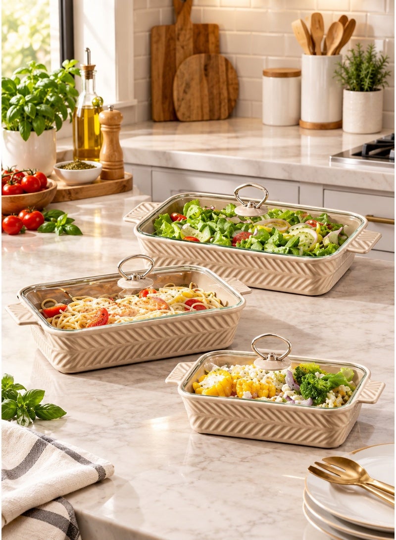 Dove 3-Piece Rectangular Porcelain Baking Dish Set W/Glass Lid Brown, Sizes 10 + 12 + 14.5 Inch - Image 1