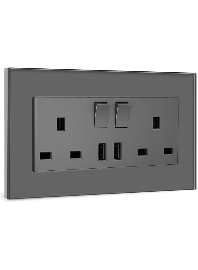 promass Double Switched Wall Socket 2 Gang Grey with Two-USB Charging Ports, 13A Wall Electric Power Socket with Glass Panel - Image 1