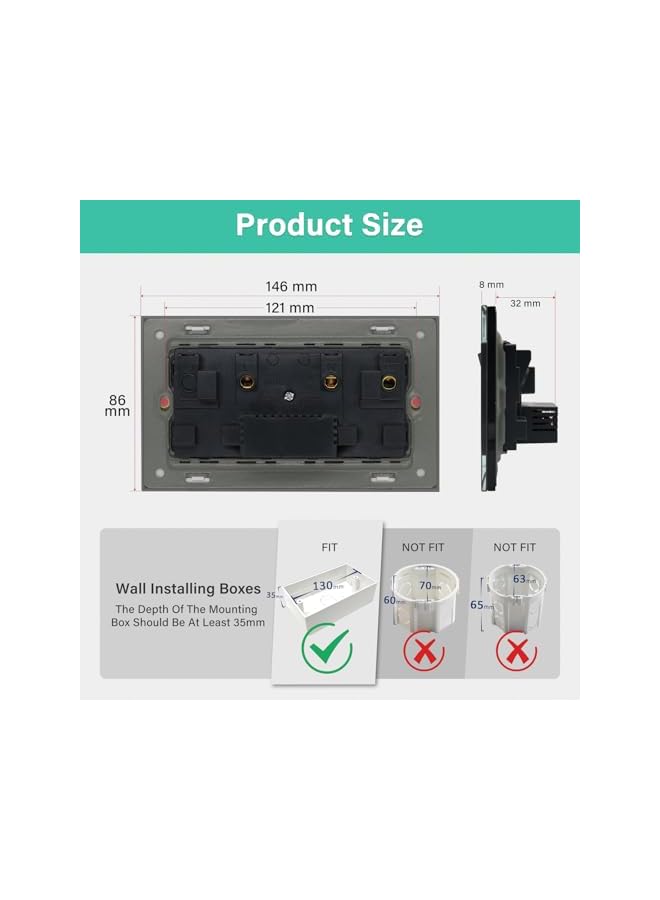 promass Double Switched Wall Socket 2 Gang Grey with Two-USB Charging Ports, 13A Wall Electric Power Socket with Glass Panel - Image 2