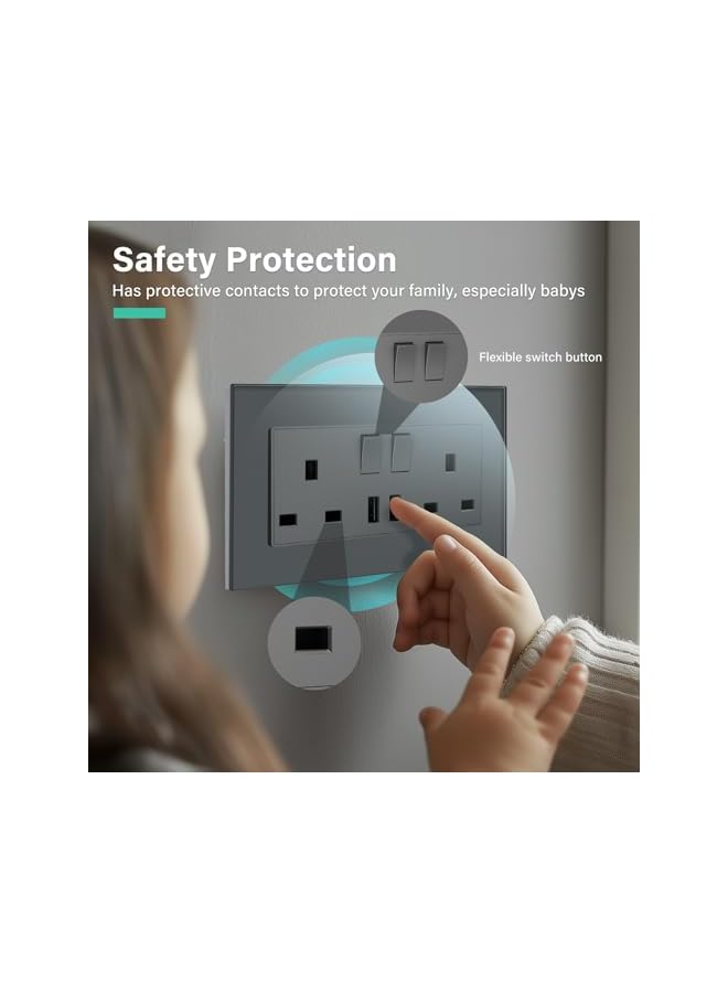 promass Double Switched Wall Socket 2 Gang Grey with Two-USB Charging Ports, 13A Wall Electric Power Socket with Glass Panel - Image 4