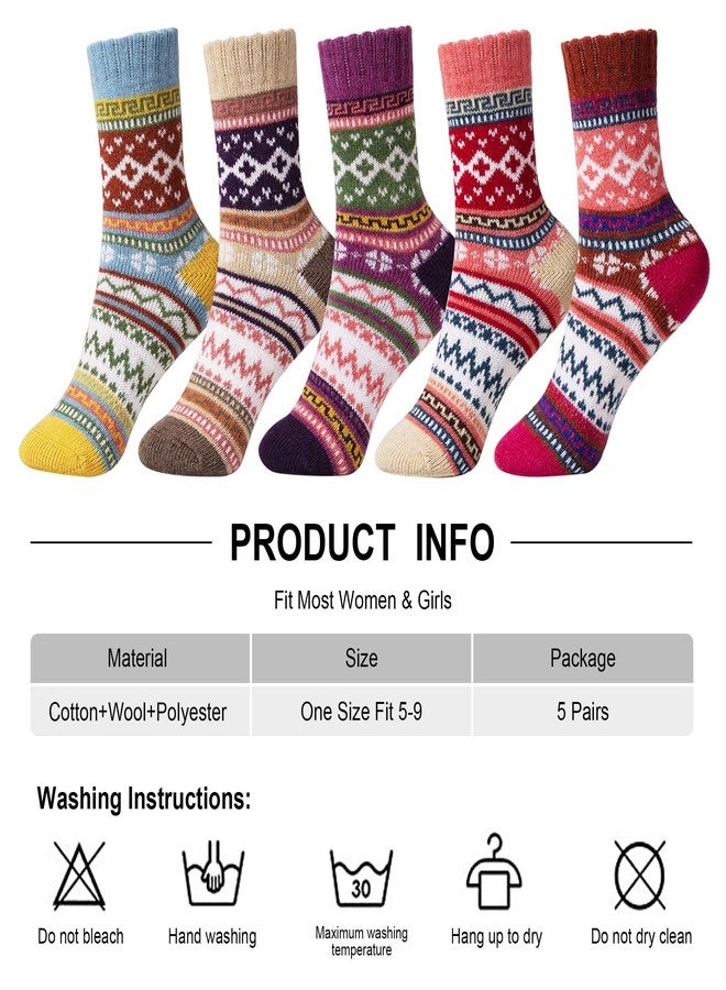 ICEIVY Womens Socks 5 Pairs Wool Warm Cotton Thick Vintage Casual Winter Cabin Crew Fuzzy Socks Gifts For Women - Image 3