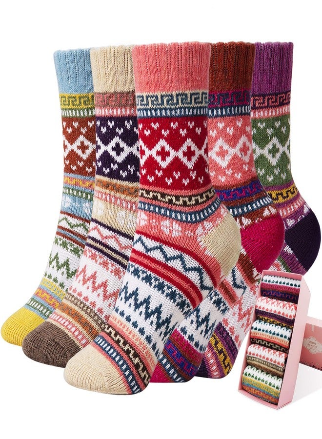 ICEIVY Womens Socks 5 Pairs Wool Warm Cotton Thick Vintage Casual Winter Cabin Crew Fuzzy Socks Gifts For Women - Image 1