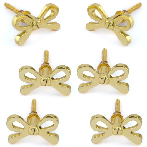 Perilla Home Set of 6 Brass Bow Knobs for Cabinet & Drawers Decorative Bow Knobs for Home Kitchen Cabinet Hardware Cupboard Metal knobs Door Dresser Wardrobe and Drawer Pulls - Image 1