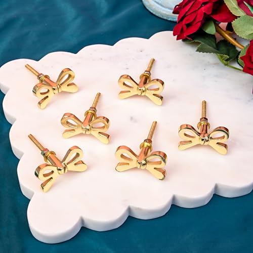 Perilla Home Set of 6 Brass Bow Knobs for Cabinet & Drawers Decorative Bow Knobs for Home Kitchen Cabinet Hardware Cupboard Metal knobs Door Dresser Wardrobe and Drawer Pulls - Image 2