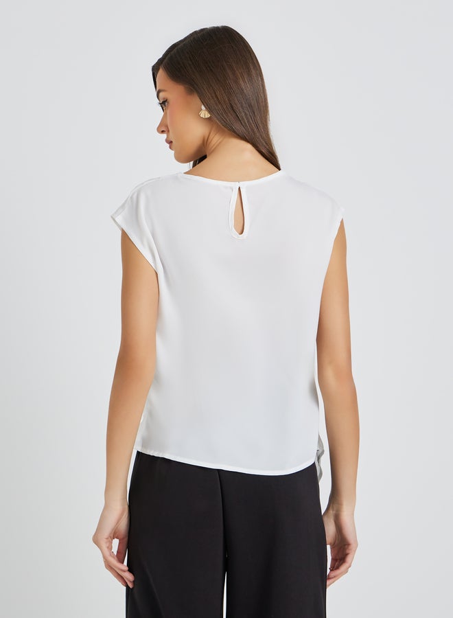 تايك تو بلوزة بياقة دائرية سادة وحافة غير متماثلة - Image 4