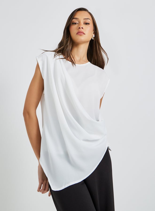 تايك تو بلوزة بياقة دائرية سادة وحافة غير متماثلة - Image 1