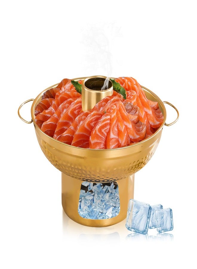 Yitexin 8.6 In 304 Stainless Steel Shrimp Cocktail Serving Dish, Groove Hotpot Chilled Serving Tray Gold with Ice Button, Cold Fruit Platter Tray for Parties Drinks Veggies Seafood Salad Sushi (Gold) - Image 1