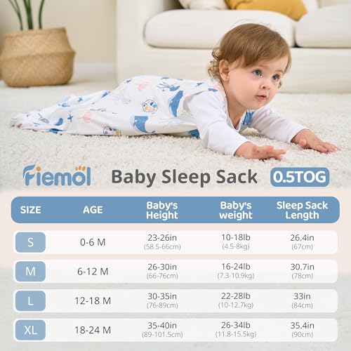 FIEMOL Baby Sleep Sack 6-12 Months, 0.5 TOG Wearable Blanket for Baby Boy and Girl, 2-Way Zipper Newborn and Infant Sleeping Bag 2 Pack, Lightweight Sleep Sacks Blue Whale（Medium） - Image 4